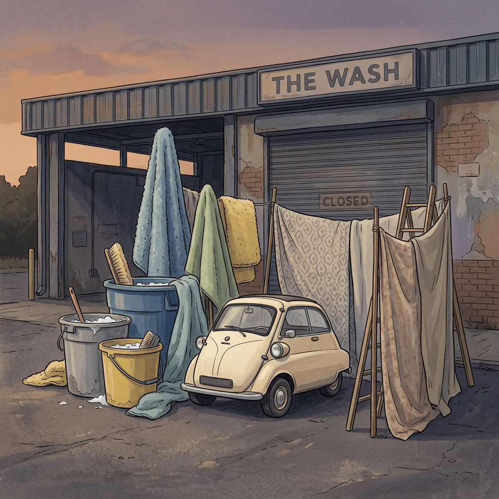 Closed wash shop labeled THE WASH, with a small car and laundry