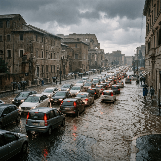 Traffic and pedestrians on a flooded historic street in Rome during heavy rain